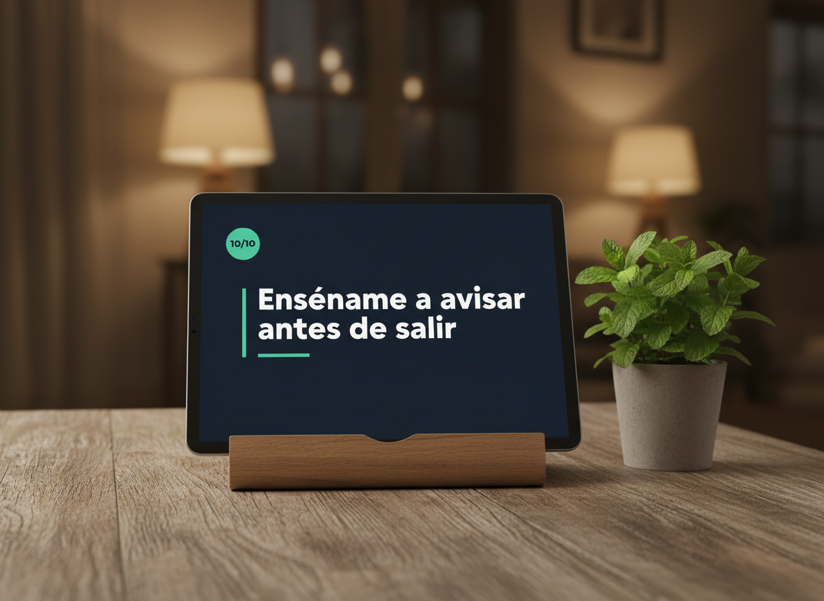 La guía Hacer pipí afuera en una tablet, en una casa cálida de noche.